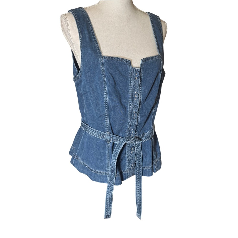 White House Black Market Topstitch Denim Bodice‎ Peplum Belted Top Blue 14 NWT - Picture 12 of 13